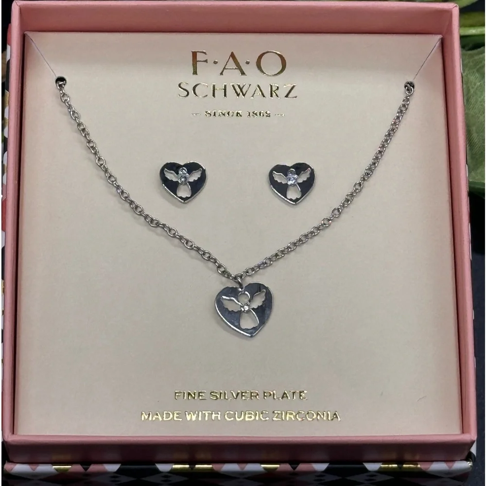 FAO Schwarz Fine Silver Plate Angel Earring Necklace Set